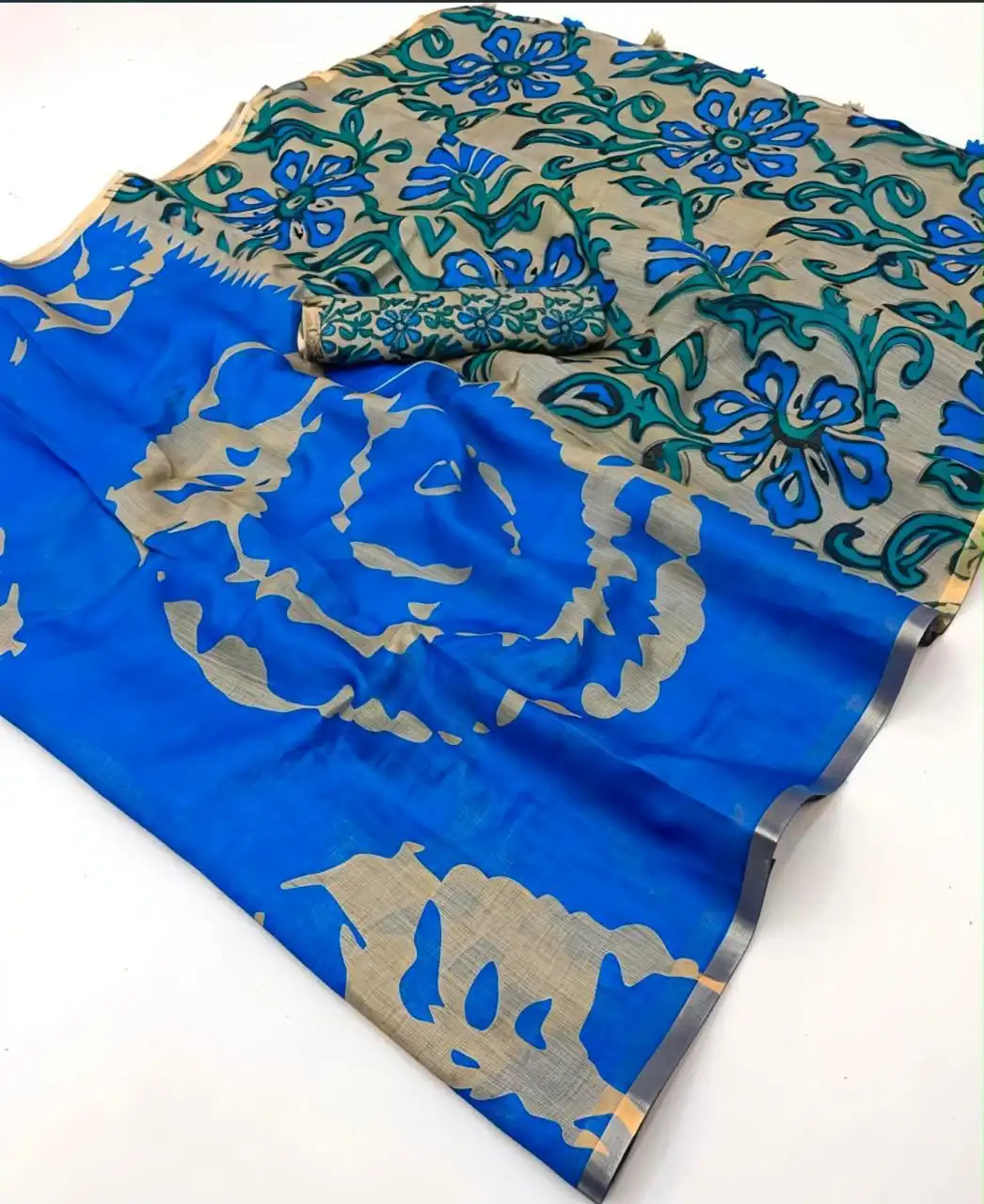 Linen Cotton All-Over Printed Contrast Pallu Saree